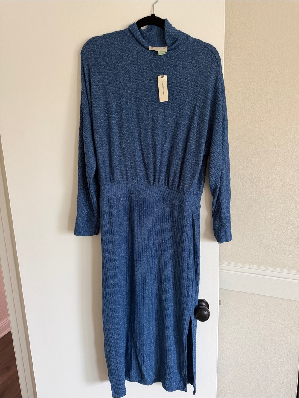 Women's Long Sleeve Knit Midi Dress in Denim Blue